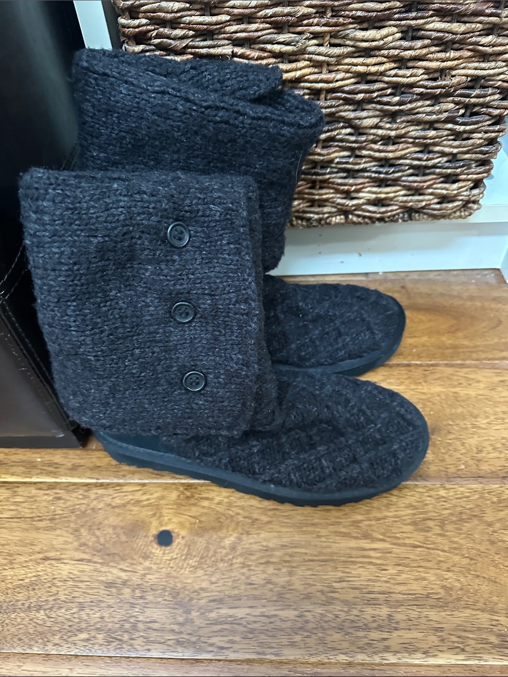 UGG Black Knit Button Mid-Calf Slippers